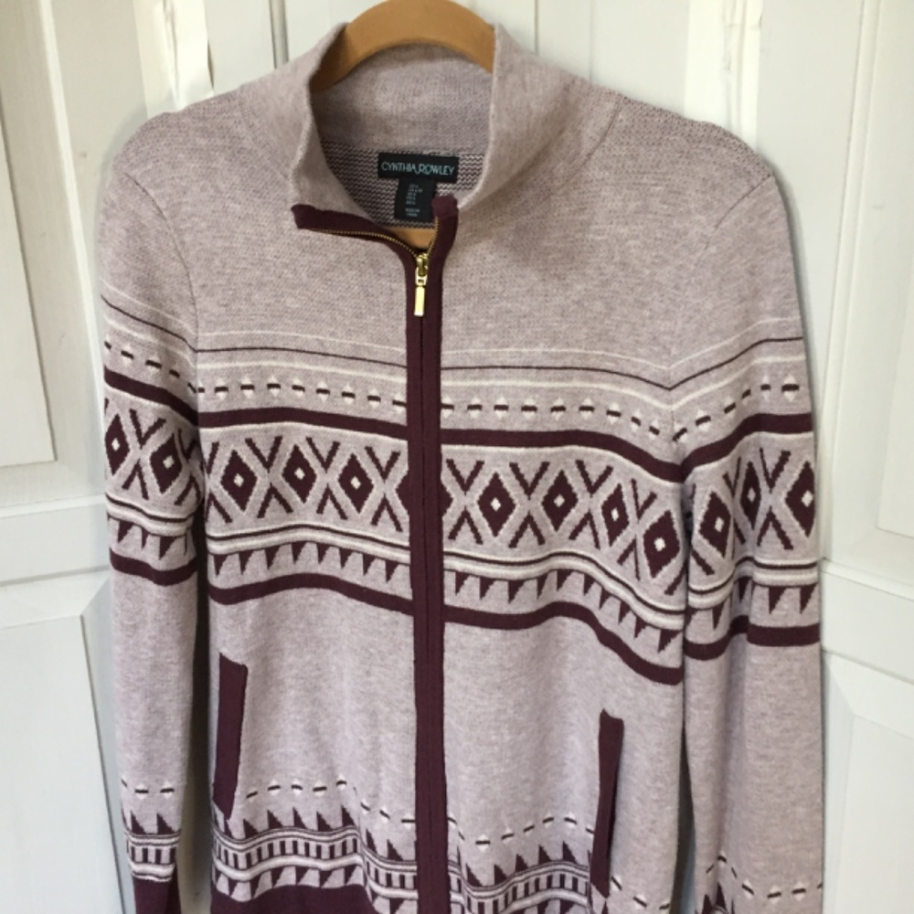 Cynthia Rowley Burgundy Geometric Patterned Full Zip Sweater - Picture 9 of 16